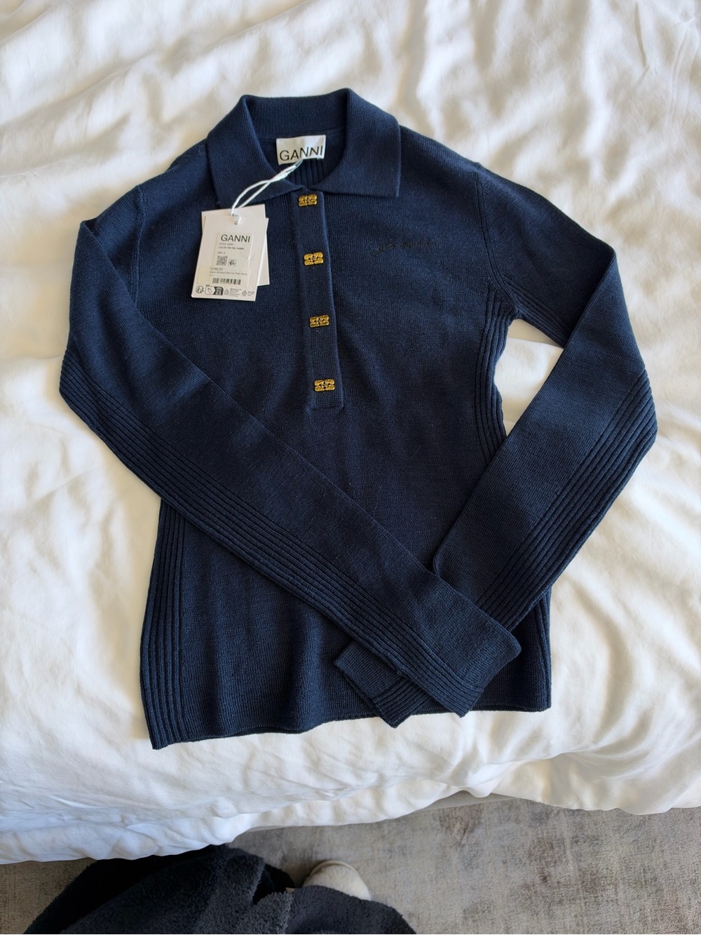 Ganni Navy V-Neck Polo Sweater with Gold Buttons